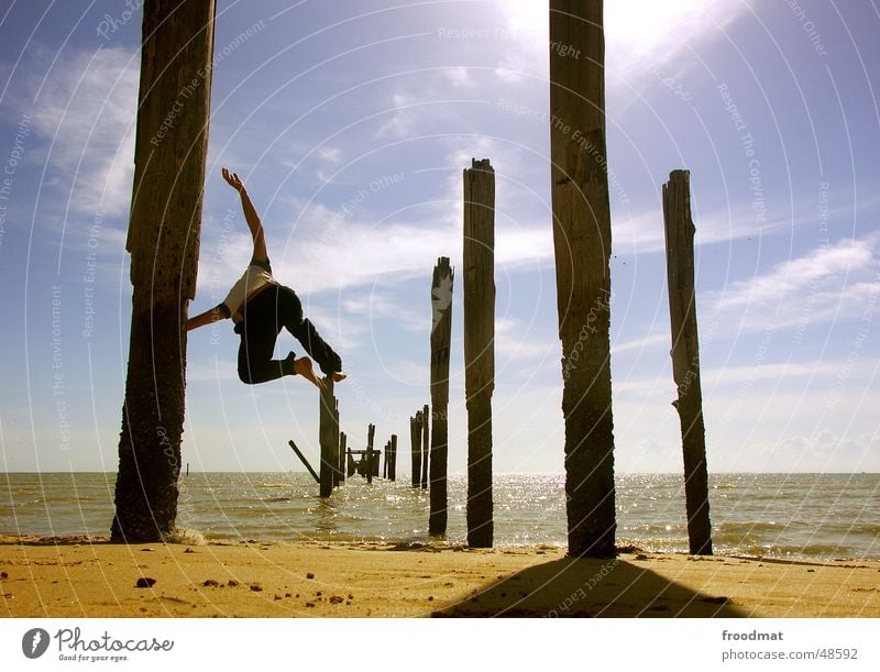 another jump Jump Footbridge Back-light Ocean Brazil Sky Beach Action Exuberance Tourism Vacation & Travel Hiking In transit Hop Bird South America Joy Style