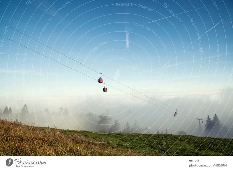 Out of the fog Environment Nature Landscape Sky Cloudless sky Autumn Fog Field Natural Positive Sea of fog Cable car Gondola Tourism Trip Hiking Colour photo