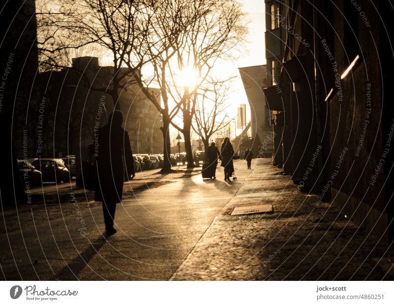 Sunshine in the dark time Sidewalk Back-light Traffic infrastructure Lanes & trails Winter Passers-by Pedestrian bare trees Human being Shadow Sunlight Contrast