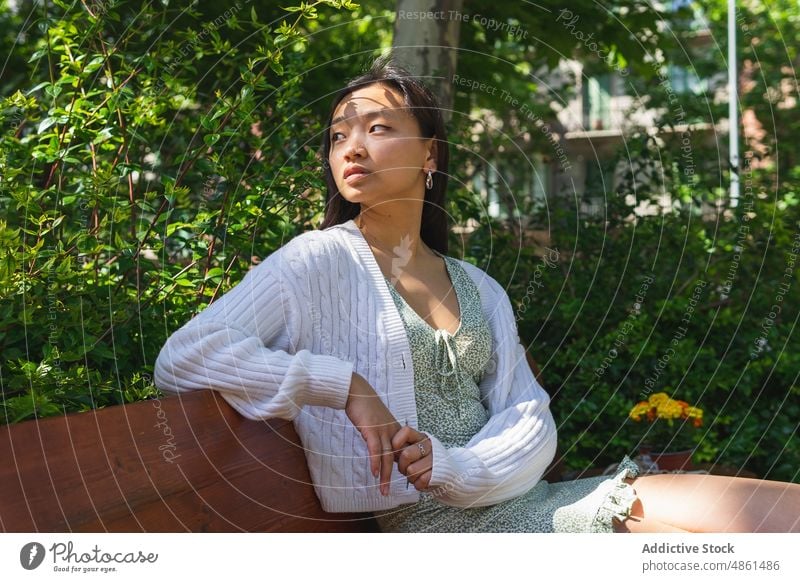 Calm Asian woman sitting on bench in park appearance street charming dreamy summer calm sunlight feminine style city female asian lady ethnic black hair trendy