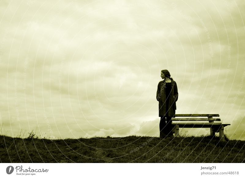 waiting. Meadow Autumn Woman Clouds Bench Wait