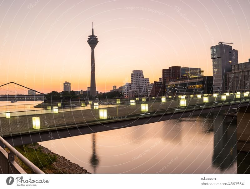 Dusseldorf medienhafen at the sunrise dusseldorf germany tower river europe city rhine summer panorama architecture harbor media harbor country capital nrw