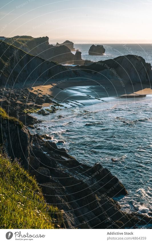 Beautiful landscape of cliffs from Costa Quebrada in the ocean at North of Spain Atlantic active activity adventure backpack beautiful camping destination dream