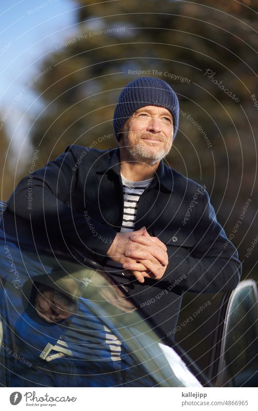 Stop and go! Motoring Car door Man Cap Shirt Stripe dark blue Colour photo Human being Exterior shot Day Vehicle White Adults Metal Slice Windscreen Open