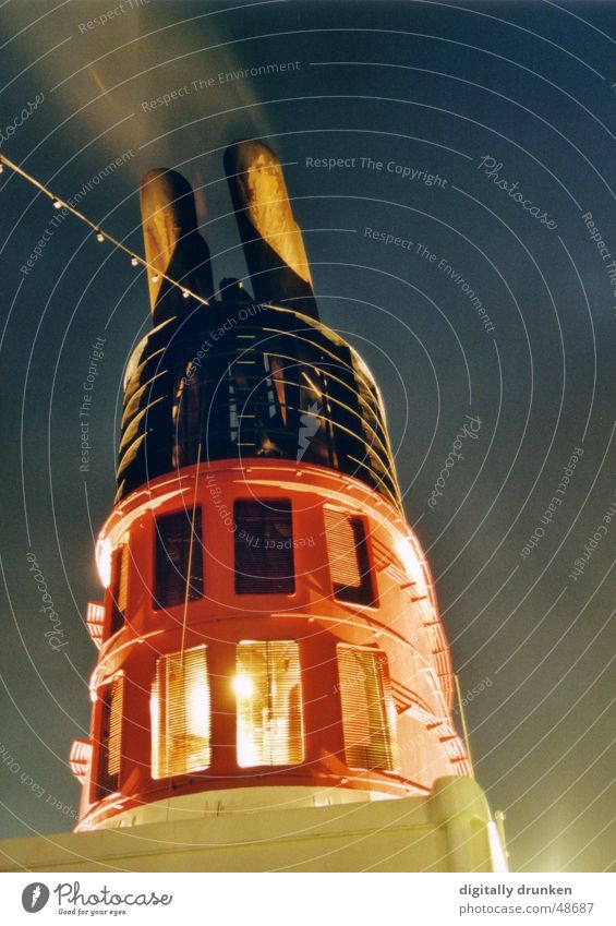 chimney Night Watercraft Ferry Smoke Chimney Steam Exhaust gas Worm's-eye view Carbon dioxide Night sky Deserted Colour photo Exterior shot Large Fairy lights