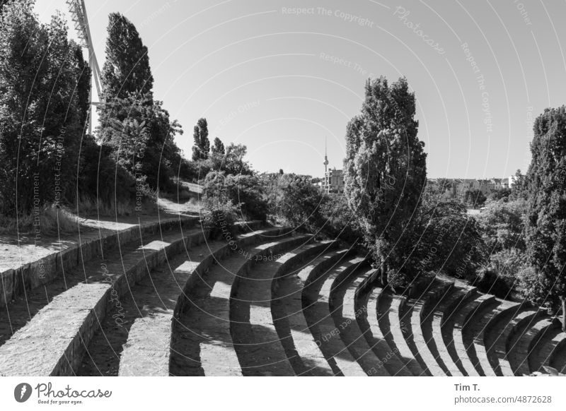 Early in Mauerpark Television tower wall park bnw b/w Summer 2022 Prenzlauer Berg Town Downtown Capital city Berlin Day Exterior shot Deserted