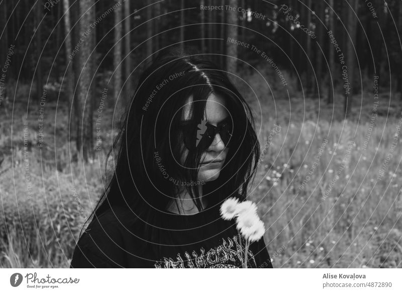 black and white portrait selportrait sunglasses blurry dark hair windy Woman Hair and hairstyles Face Sunglasses Black & white photo