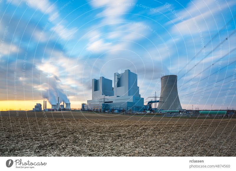 coal power stations at sunset Coal-fired power plant industrial electricity stream cooling tower electricity factory energy steam co2 Lignite Power Plant