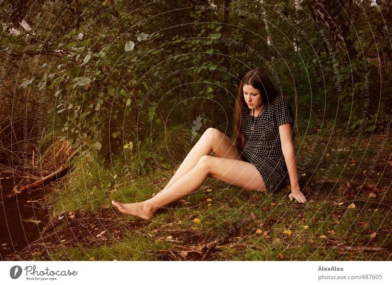 Jenny Jane Trip Young woman Youth (Young adults) Legs 18 - 30 years Adults Nature Tree Grass Bushes Moss Forest Lakeside Dress Barefoot Brunette Long-haired Sit