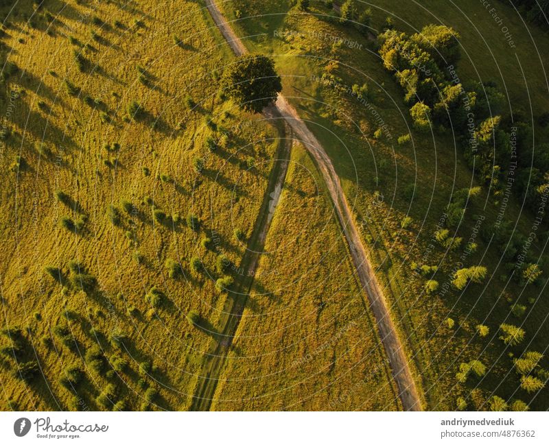 Aerial view of beautiful mountain Carpathians, Ukraine in sunlight. Drone filmed an landscape with coniferous and beech forests, around a winding serpentine road, copter aerial photo