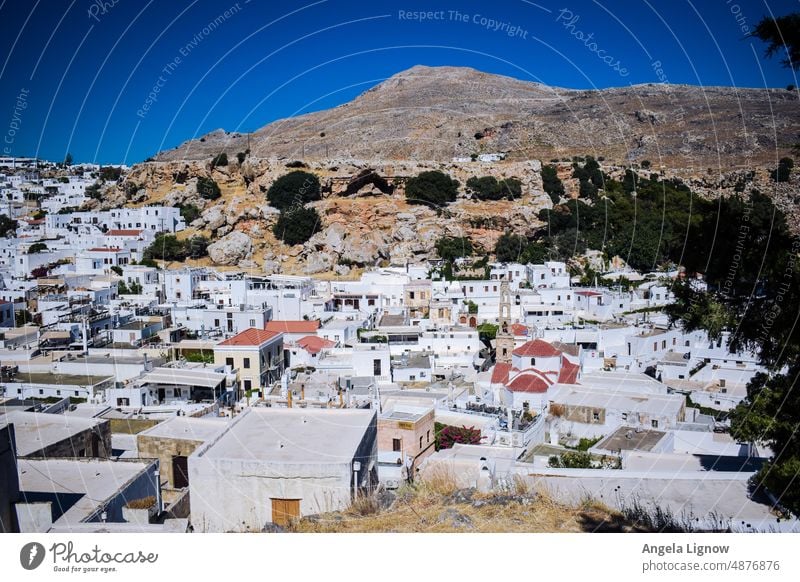 The Greek white city of Lindos Town White Colour Colour photo Greece Exterior shot Sky Blue Vacation & Travel Landscape Europe Tourism Village Building