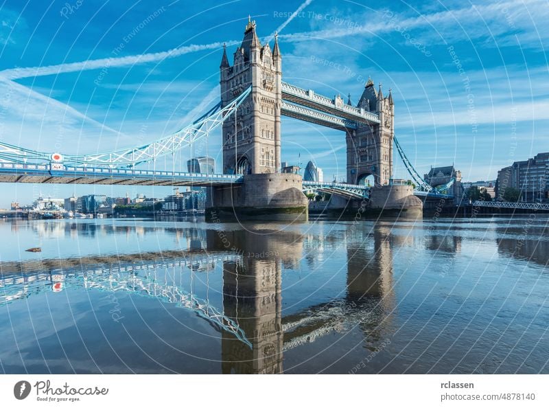 Tower Bridge with reflection at the morning in London, UK tower bridge England great Britain thames building city drawbridge capital uk United Kingdom