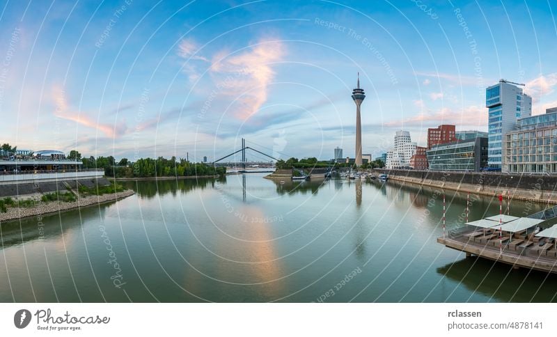 Dusseldorf panorama dusseldorf germany tower river europe city rhine summer architecture medienhafen harbor media harbor country capital nrw skyline tourism