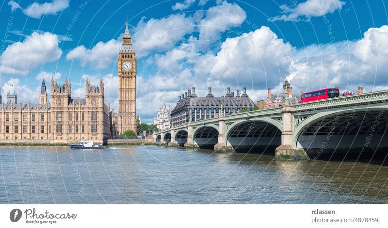 Big Ben and Westminster Bridge with red bus, London, UK houses of parliament big ben london england breat britain city westminster palace of westminster thames