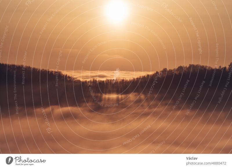 View of the sunset over a sea of clouds with a view of the sun passing through the forest on the other hill. Palkovicke hurky, moravskoslezský region, czech republic