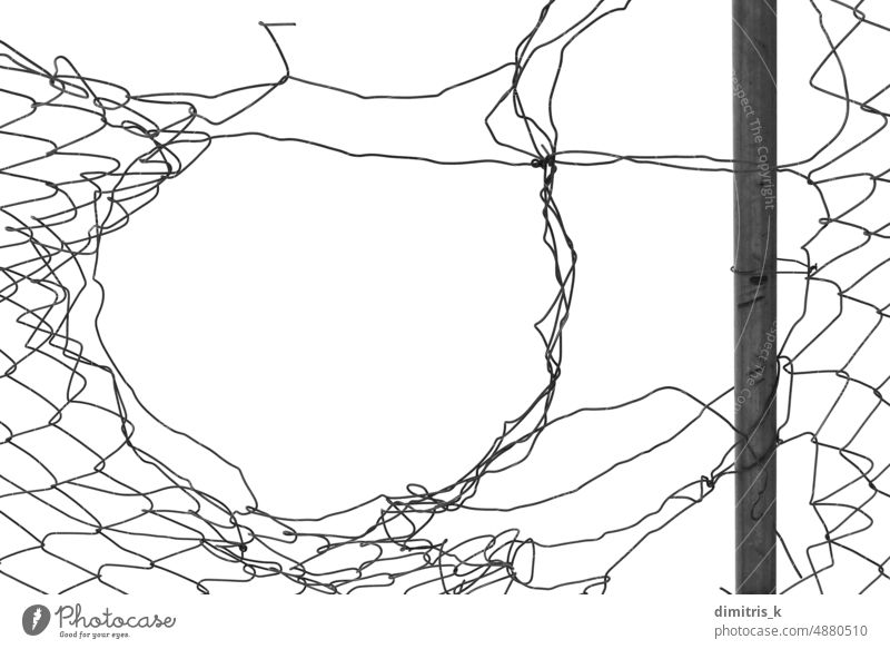 tangled wires abstract background fence shapes damaged lines hole minimal black white chain link torn metal iron industrial minimalism chain-link netting mesh