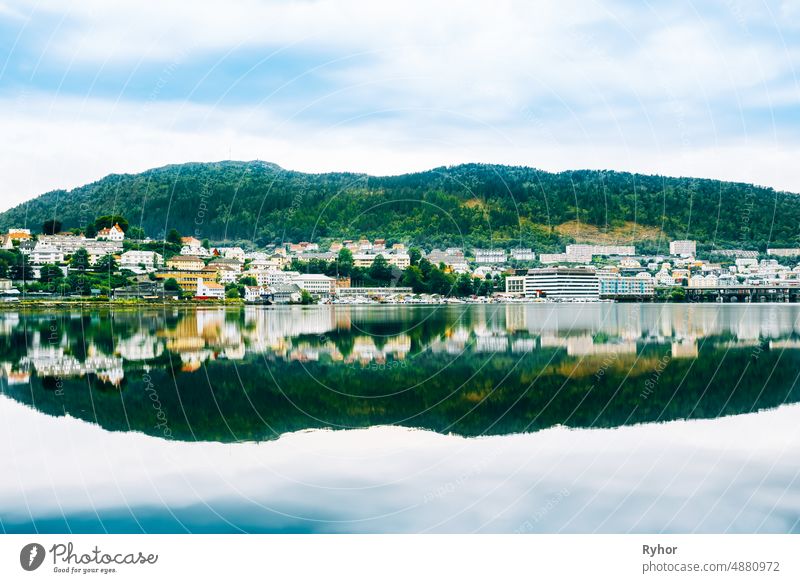 Cityscape of Bergen, Norway. Architecture Background aerial architecture building city cityscape europe european flat green hill home house lake mountain