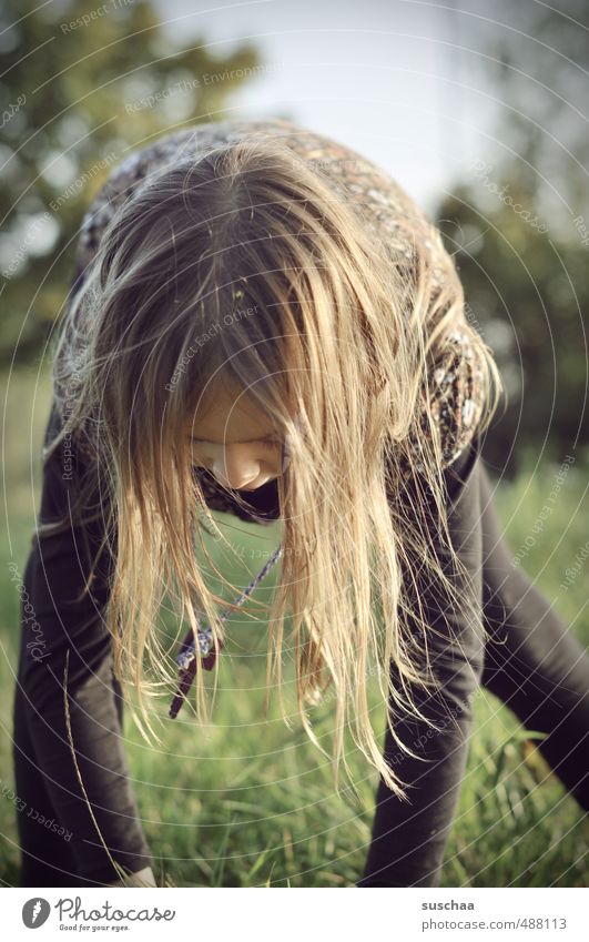 natural | be ... girl playing on meadow Feminine Child Girl Infancy Body Head Hair and hairstyles Nose Arm Legs 1 Human being 8 - 13 years Nature Summer Climate