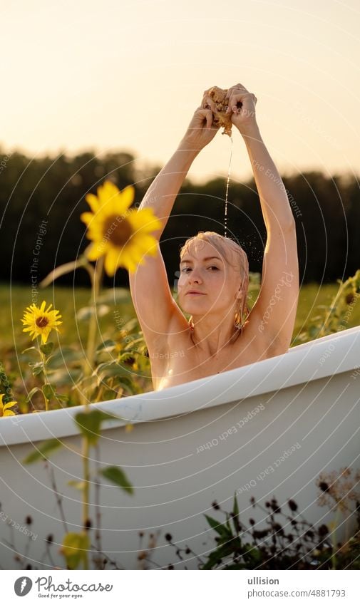 portrait of a young beautiful woman, blond, taking a bath in nature in the sunset with yellow sunflowers, copy space wellness Sunflower Bathtub Hygiene Botany