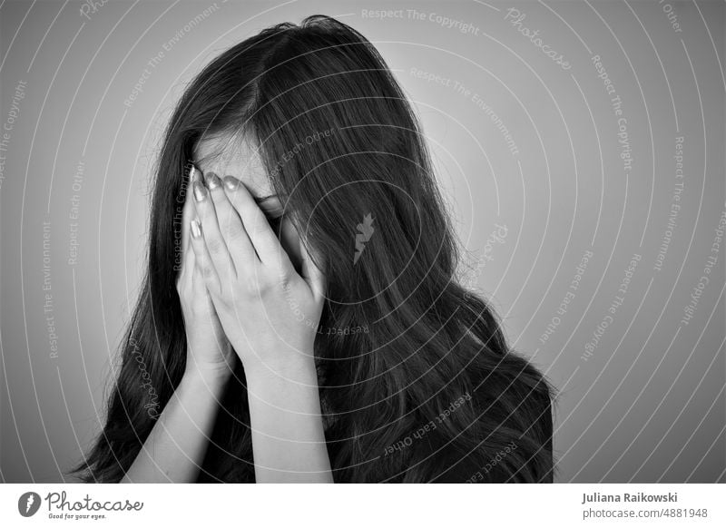 sad woman in black white Human being Youth (Young adults) portrait Woman Studio shot Feminine Long-haired Mysterious Meditative melancholy on one's own 1