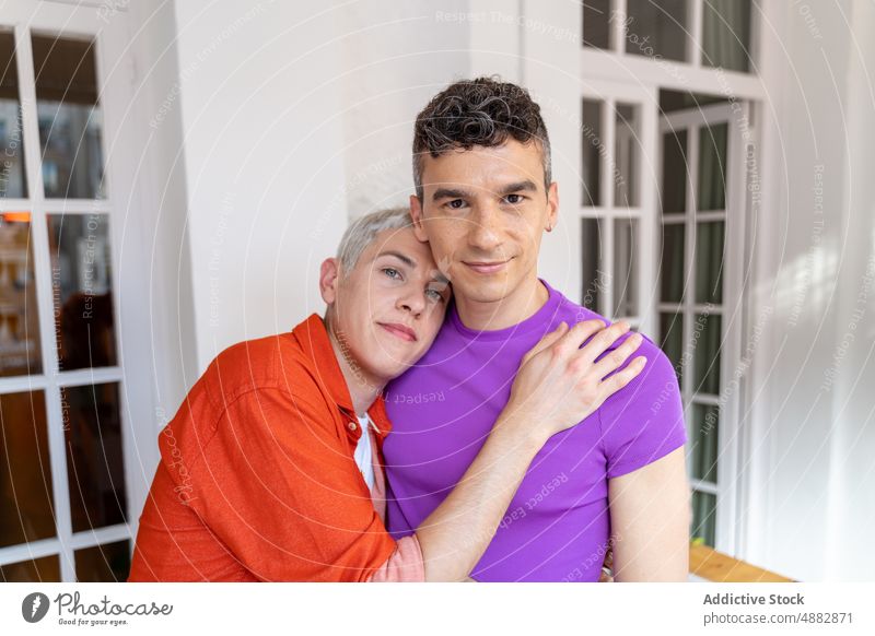 Happy Young Gay Couple In Love Smiling Portrait Together Bonding Queer Pride Face Individuality Lifestyle Transgender Boyfriend Affectionate Headshot LGBTQI