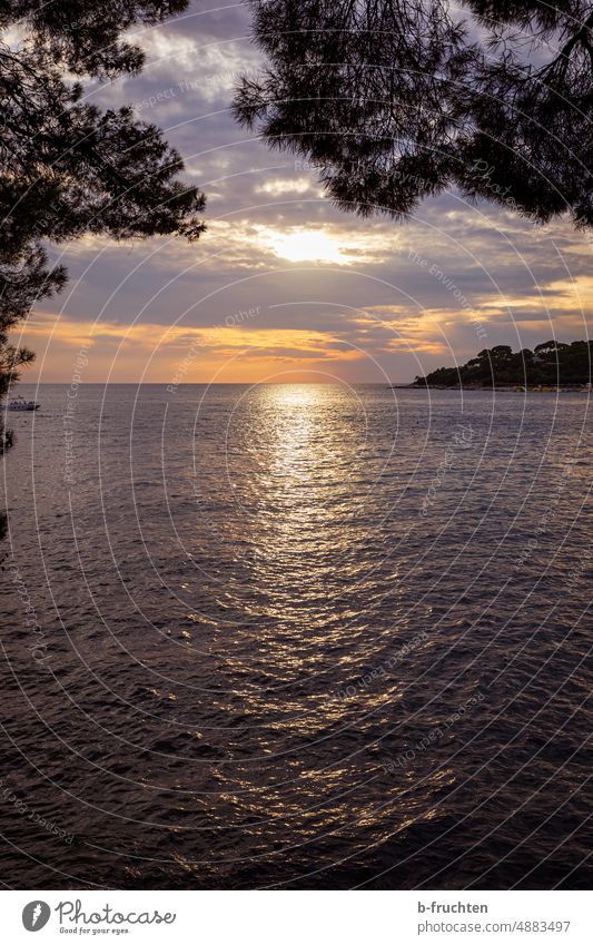 Croatia, view of the sea at sunset Dusk ship Picturesque Adriatic Sea Landmark Resort Sky Reflection Island Water coast Ocean Light background Sailing colourful