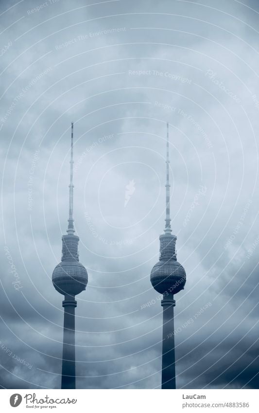 Stereo - TV tower duo against dramatic sky Television tower Berlin TV Tower Alexanderplatz Sky Dramatic double multiple exposure Capital city Landmark