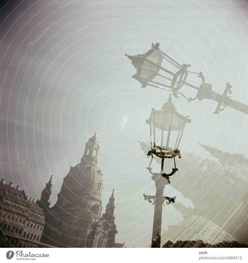 Dresden, rotated Exterior shot Double exposure Experimental Lomography Scan Holga Analog Analogue photo analogue photography Lantern Lamp Frauenkirche Town