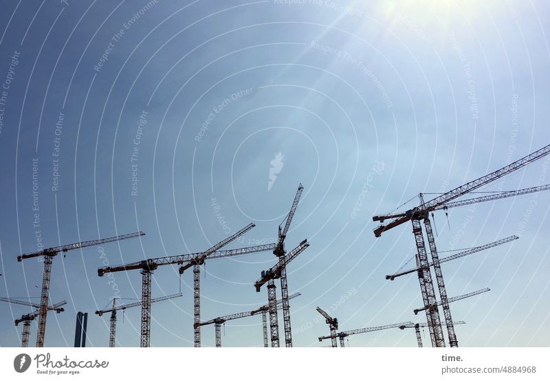 Industry | construction giraffes, reaching for the sun Crane Construction site Back-light Silhouette Sun Outrigger fellowship Assembly large construction site