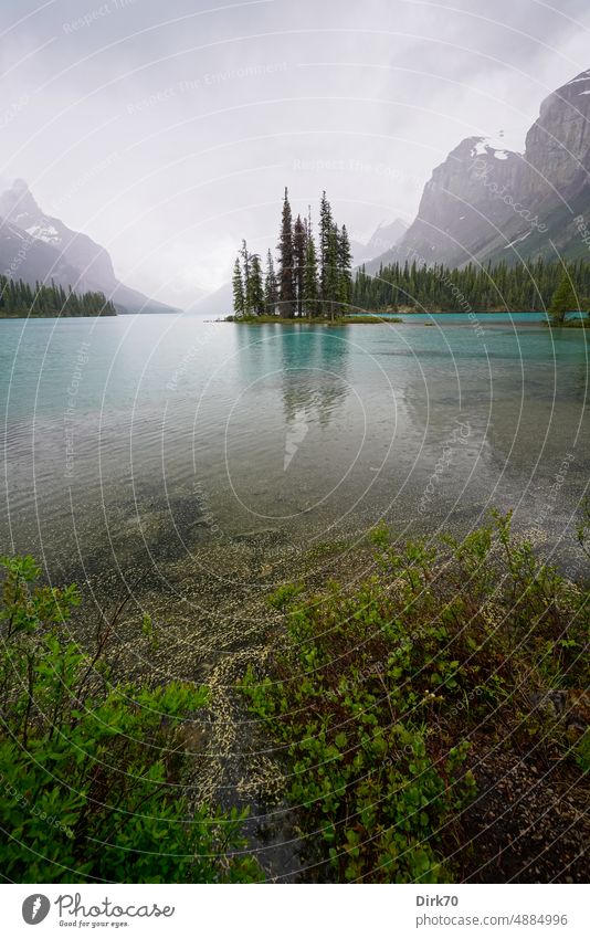 Spirit Island in Maligne Lake, Jasper National Park, Alberta, Canada, in cloudy weather. Mystic mystic landscape mystical place Forest Mountain overcast