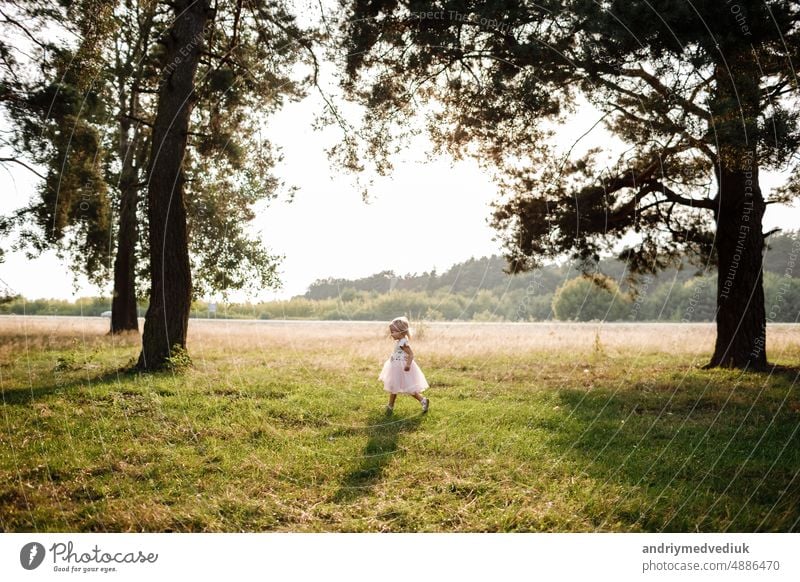 Portrait of a little beautiful girl on nature on summer day vacation. child in dress is playing in the green park at the sunset time. The concept of family holiday and time together