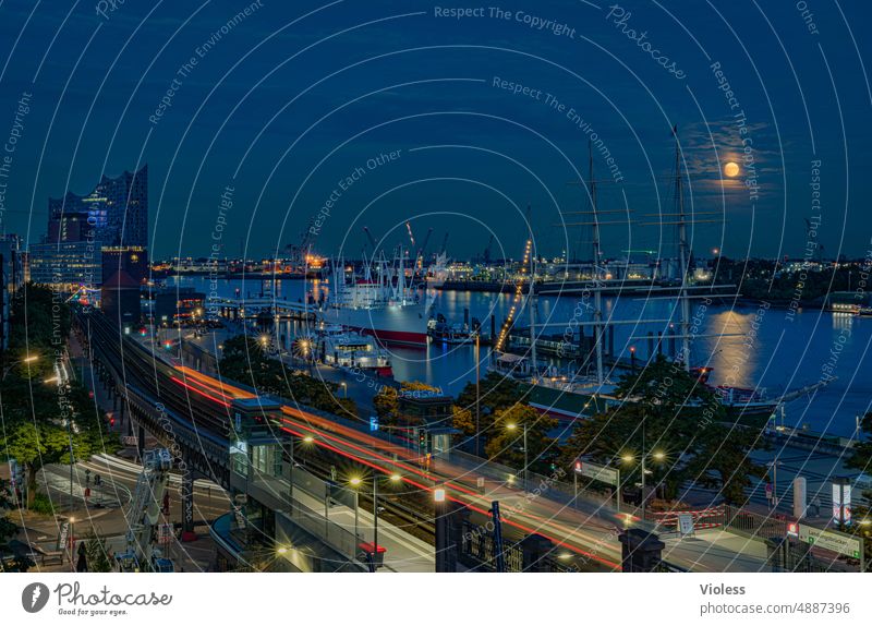 Hamburg harbor and full moon Port of Hamburg Elbe Elbe Philharmonic Hall Rickmer Rickmers cap san diego Landungsbrücken Night Long exposure Moon Full  moon