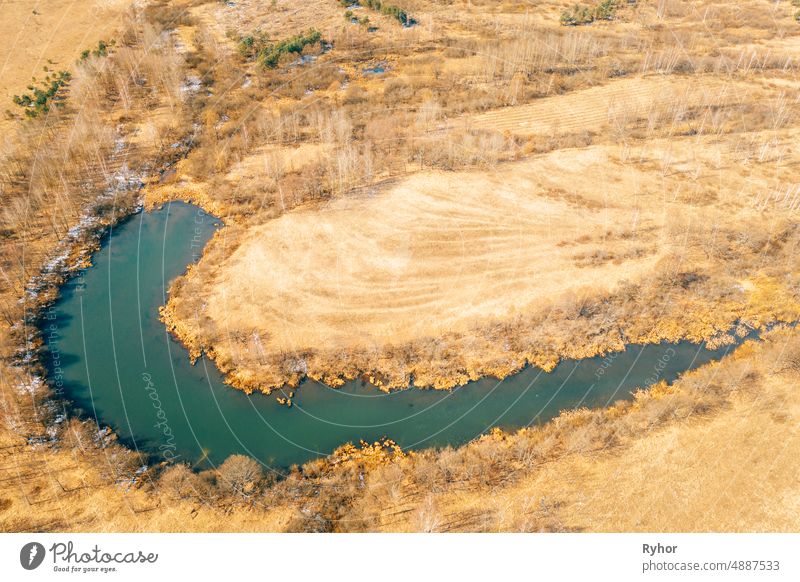 Belarus. Aerial View Of Dry Grass And Curved Bog Marsh Swamp Wetland Landscape In Early Spring Day. High Attitude View. Marsh Bog. Drone View. Bird's Eye View