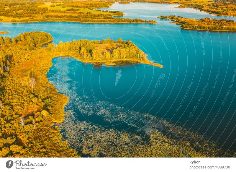 Braslaw District, Vitebsk Voblast, Belarus. Aerial View Of Ikazn Lake, Green Forest Landscape. Top View Of Beautiful European Nature From High Attitude. Bird's Eye View. Famous Lakes