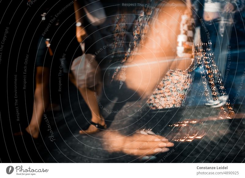 Reflection of arm and hand with glittering handbag in urban environment. reflection Arm Hand fingernails sparkle Illuminate people Dynamics Fingers Fingernail