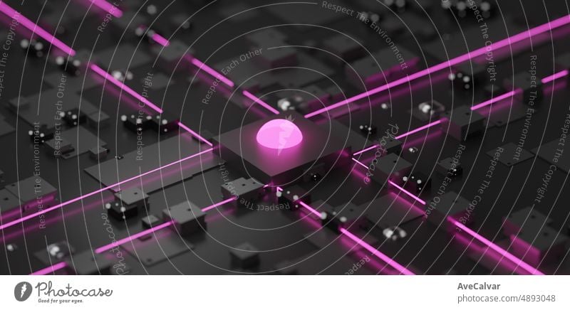 Futuristic microchip processor with lights.CPU chip on Motherboard, abstract 3D render of a processor computer chip on a circuit board.CPU isometric banner.Digital chip.Computer hardware technology.