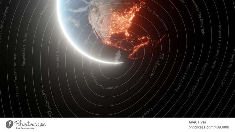 realistic Earth planet viewed from space at night showing the lights of south america and north america cinematic 3d render of planet Earth.Energy consumption, electricity, industry, ecology concepts.v