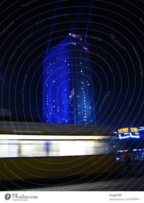 Attention, one lane! 2 Alexanderplatz Light Illumination Night sky Tram Speed Long exposure Transport Night shot Public transit Customer Pedestrian precinct