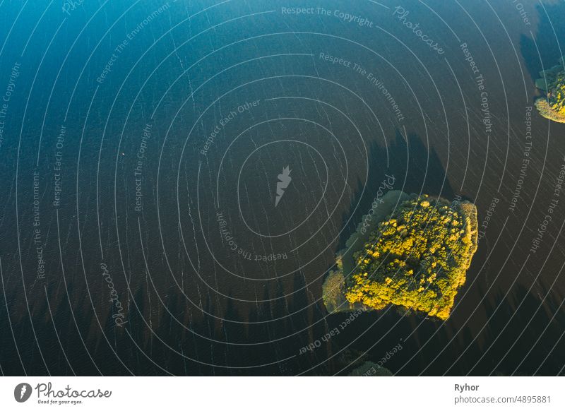 Lyepyel, Lepel Lake, Beloozerny District, Vitebsk Region. Aerial View Of Island On Lepel Lake In Autumn Morning. Morning Fog Over Lepel Lake. Top View Of European Nature From High Attitude In Autumn. Bird's Eye View. Flat View