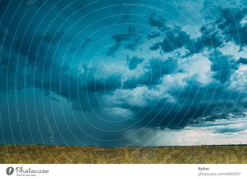 Dramatic Rainy Sky With Rain Clouds On Horizon Above Rural Landscape Field. Agricultural And Weather Forecast Concept. White Mustard Field. agriculture