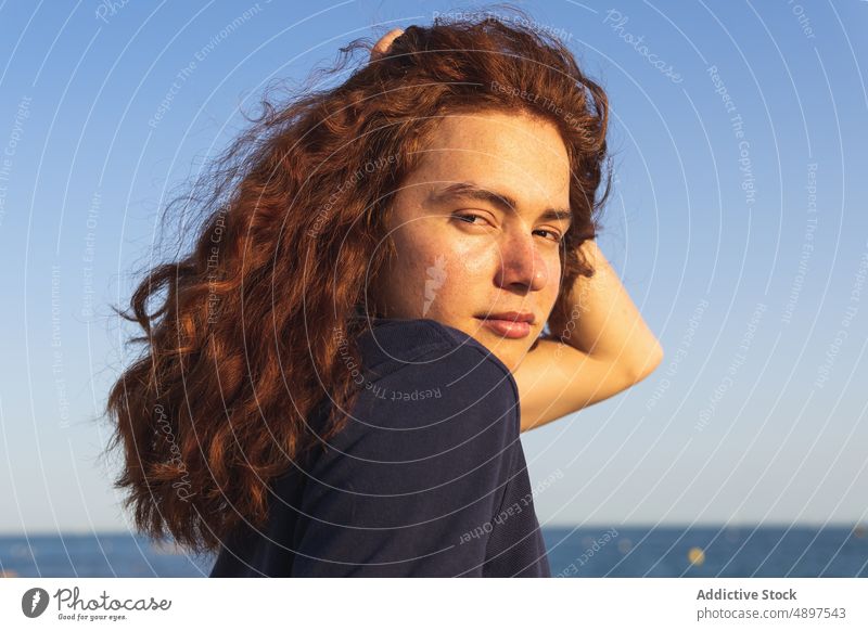 Young Woman Looking At Camera Redhead City Tshirt Standing Contemplation City Life Confidence Curly Hair Cool Beautiful Lifestyle Attitude Glance Attractive