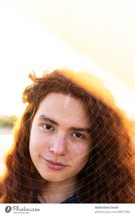 Young Woman Looking At camera Redhead City Tshirt Standing Contemplation City Life Confidence Curly Hair Cool Beautiful Lifestyle Attitude Glance Attractive