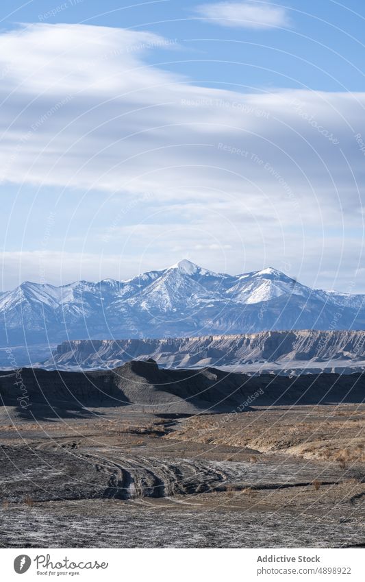 Scenic from above view of mountain Mount Pennell cliffs utah national park landscape travel desert usa Factory Butte outdoors landmark nature aerial arid sky