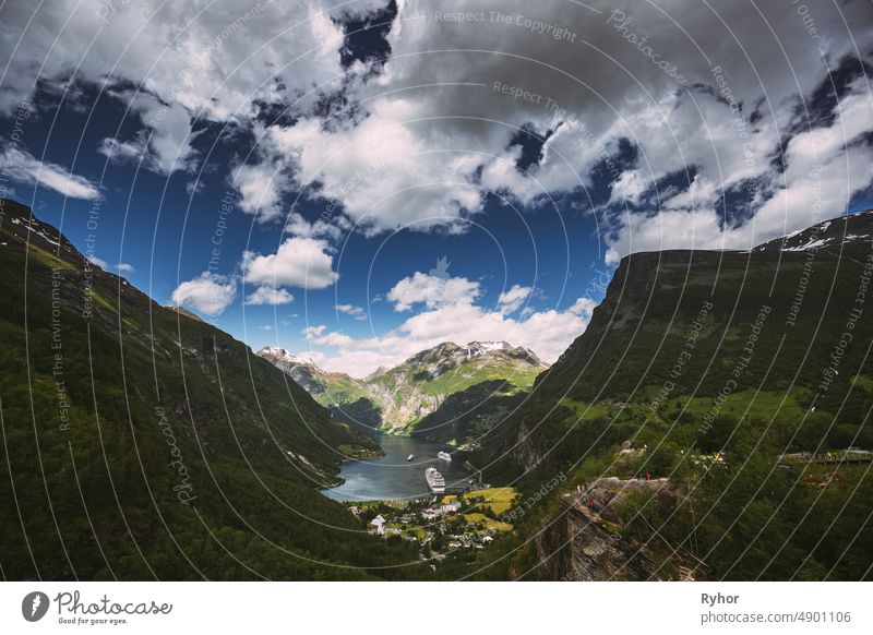 Geirangerfjord, Norway. Aerial View Of Geiranger In Geirangerfjorden In Summer Day. Famous Norwegian Landmark And Popular Destination Ferry Boat aerial view