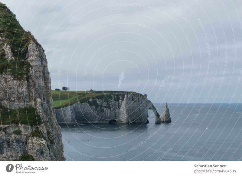 The cliff of Falaise d'Aval on a summer day in Etretat, Normandy, France Rock Landscape coast Ocean Arch Landmark Water Summer Tourism Cliff Étretat Grass