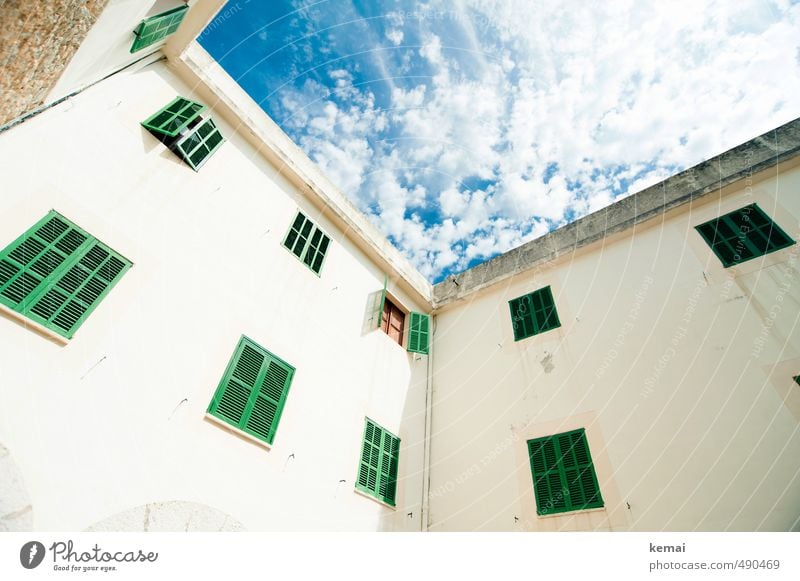 Open shutter, open sky Sky Clouds Sun Sunlight Summer Beautiful weather Warmth House (Residential Structure) Wall (barrier) Wall (building) Facade Window