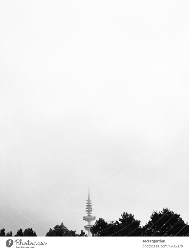 To the top Hamburg Television tower Tower Tall Black & white photo Free space Above Under Fog Sky Gloomy Horizon Architecture Landmark Exterior shot Town