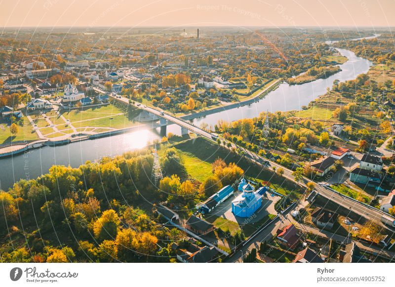 Kobryn, Brest Region, Belarus. Cityscape Skyline In Autumn Sunny Day. Bird's-eye View Of St. Nicholas Church. Famous Historic Landmark Brest region Kobrin