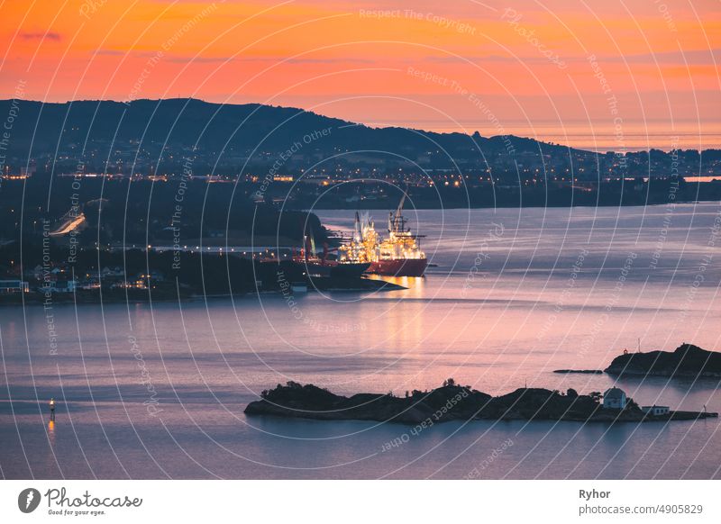 Alesund, Norway. Night View Of Moored Ship In Alesund Island. Summer Morning. Centre aerial alesund architecture beautiful building city cityscape europe