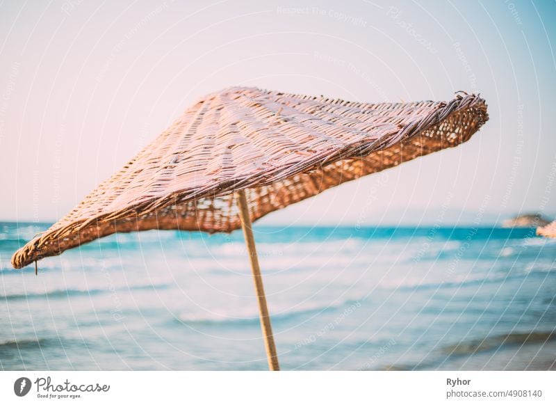 Close Up Umbrella On Sea Beach. Vacation. Dry beach beautiful close coast exotic heat holiday nobody ocean outdoor parasol recreation relaxation sea seashore